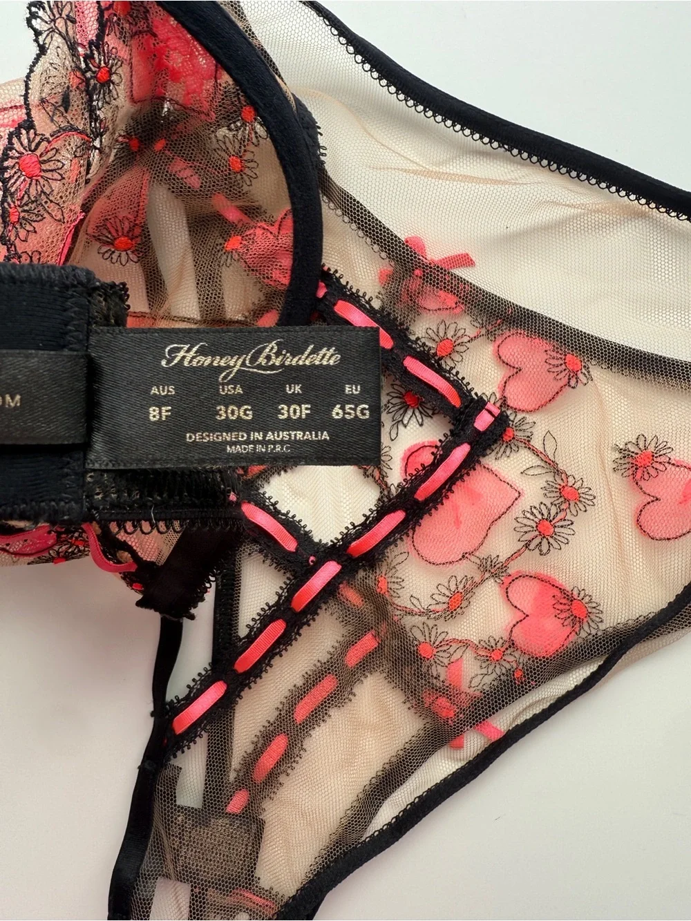 Honey Birdette Set Pasha Pink Black bra 8f 30g sister cup size 32ddd panty S